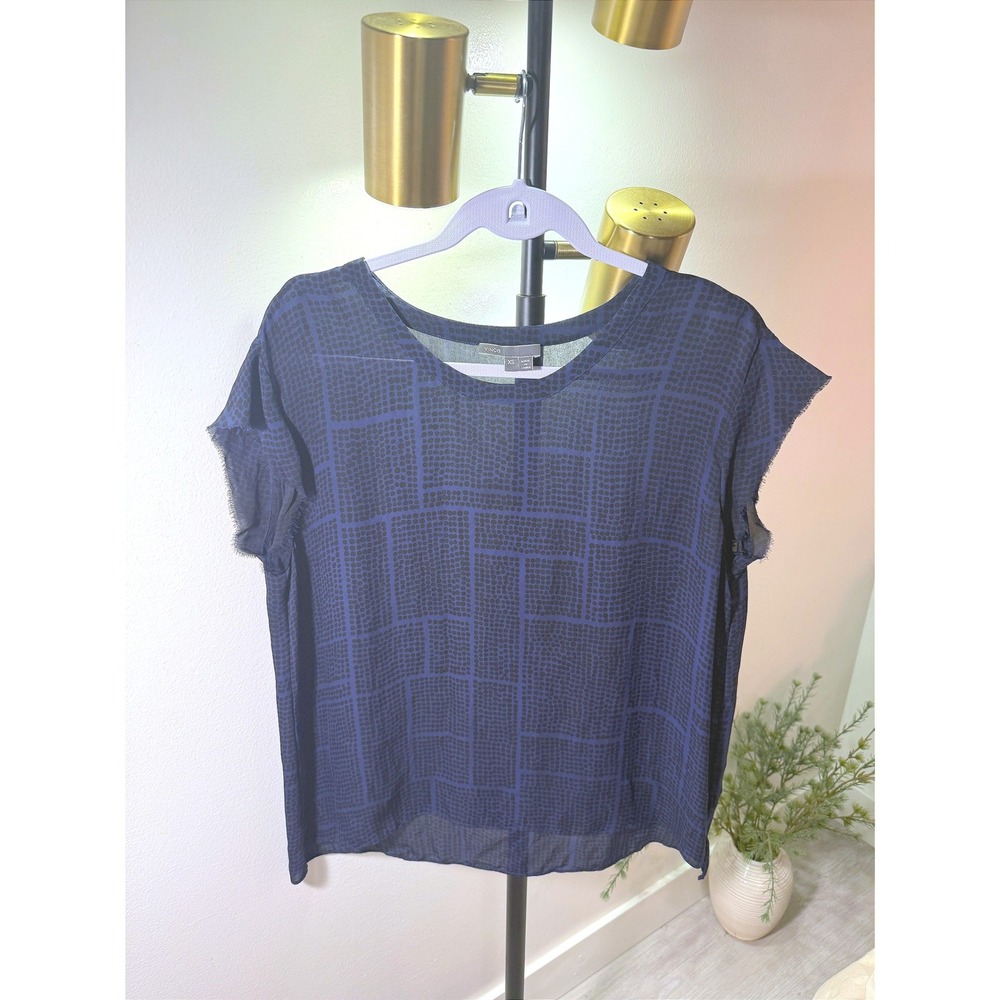 Vince Navy Blue Black‎ 100% Silk Geometric Dot Grid Blouse XS V2882-11218